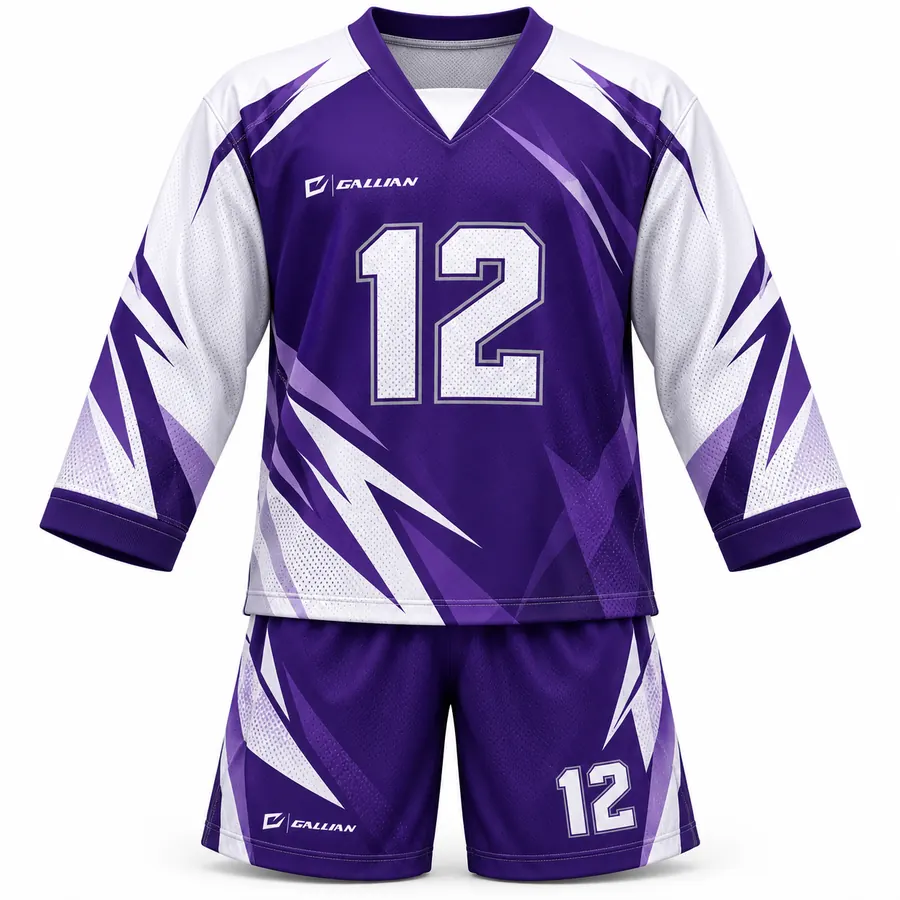 Javelin Purple and White Box Lacrosse Uniform, purple jersey with white shard sleeves and shorts by Gallian Sports