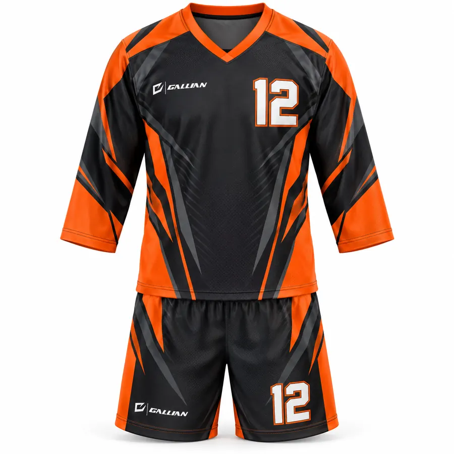 Knight Orange and Black Slash Box Lacrosse Uniform, black jersey with orange arrows by Gallian Sports
