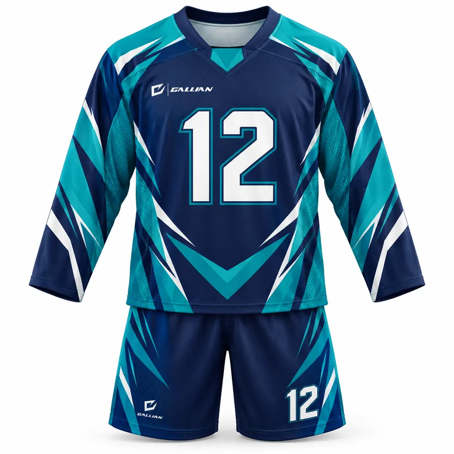 Lightning Navy and Teal Chevron Box Lacrosse Uniform, navy jersey with teal chevron by Gallian Sports