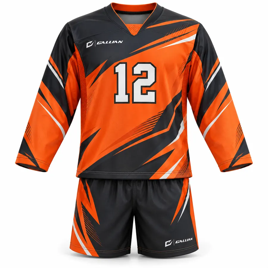 Nightfall Orange and Black Box Lacrosse Uniform, orange long-sleeve jersey with black slashes and shorts by Gallian Sports