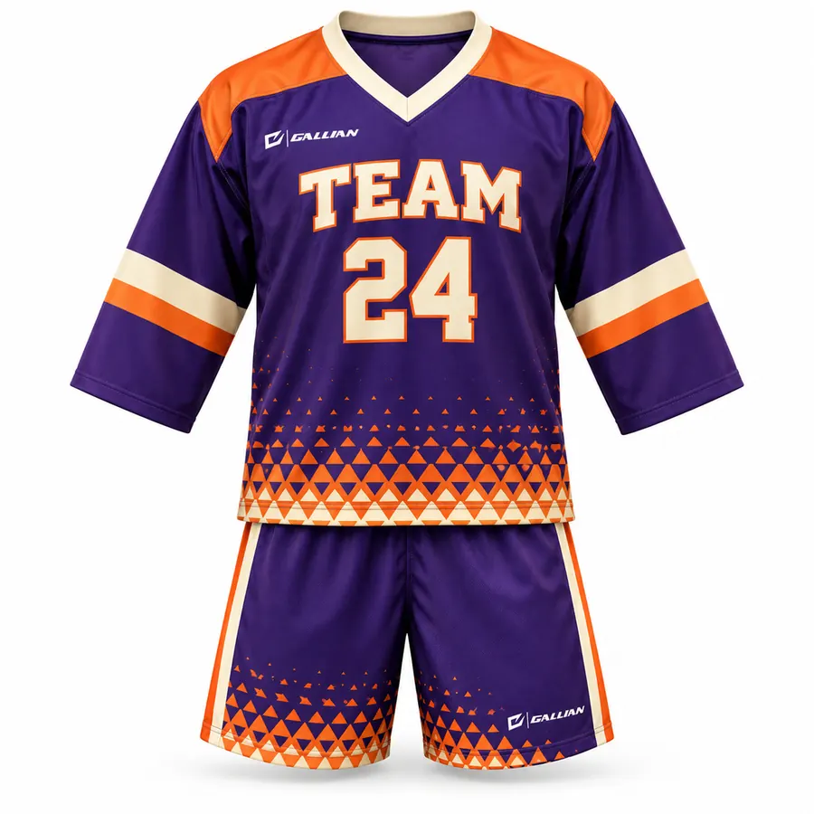 Saber Purple and Orange Box Lacrosse Uniform, purple jersey with orange yoke and cream stripes by Gallian Sports