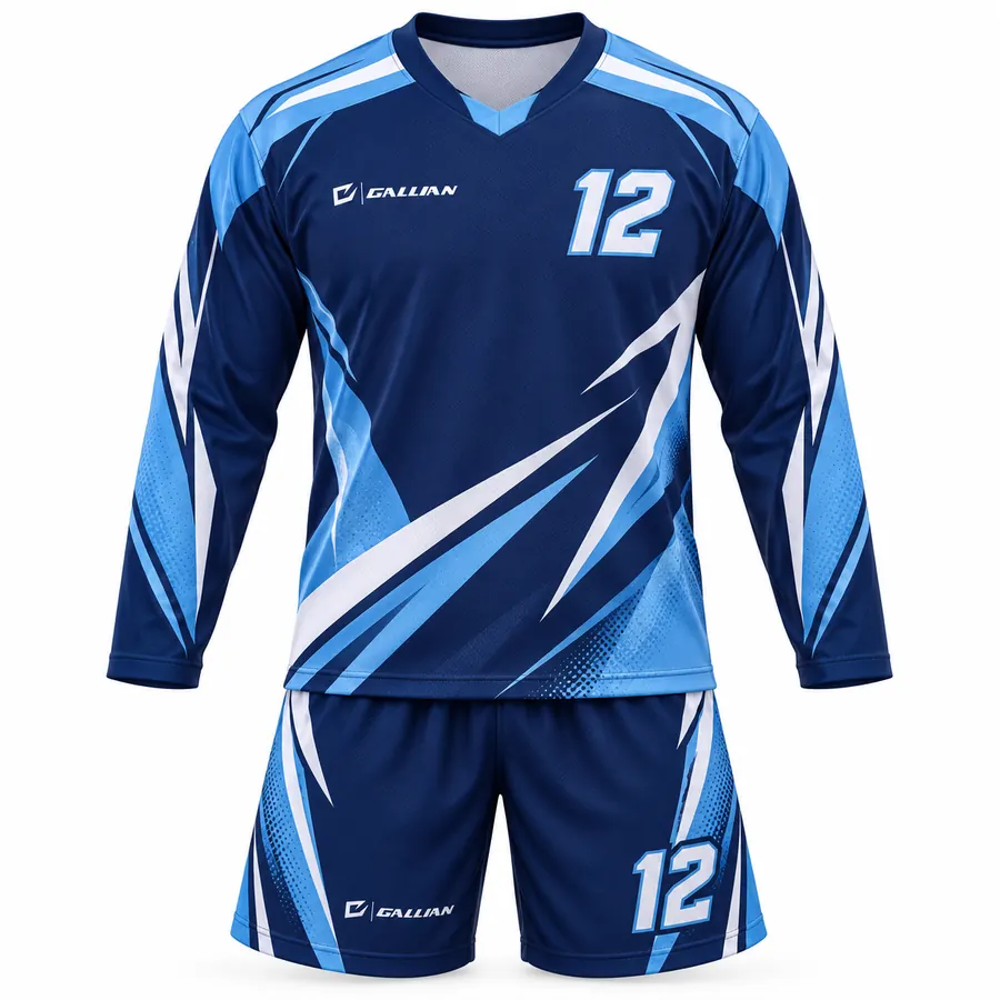 Spartan Navy and Powder Blue Box Lacrosse Uniform, navy jersey with powder-blue sweeps by Gallian Sports