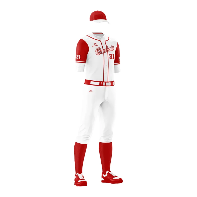 Sublimated Baseball Uniforms – design 2 in white & red, custom baseball apparel by Gallian Sports