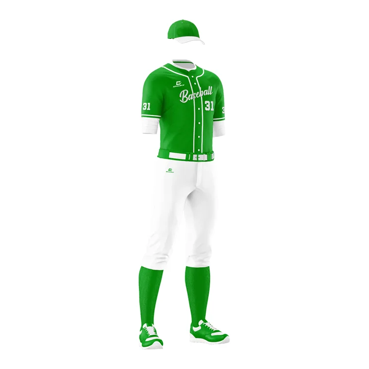 Sublimated Baseball Uniforms – design 3 in green & white, custom baseball apparel by Gallian Sports