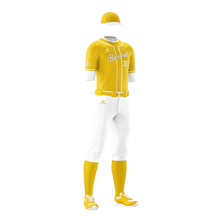 Sublimated Baseball Uniforms – design 5 in gold & white, custom baseball apparel by Gallian Sports