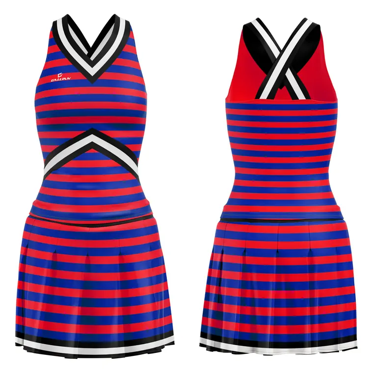 Sublimated Cheer Uniforms (Shell + Skirt) – design 9 in red & purple, custom cheerleading apparel by Gallian Sports