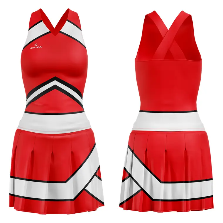 Sublimated Cheer Uniforms (Shell + Skirt) – design 2 in red & white, custom cheerleading apparel by Gallian Sports