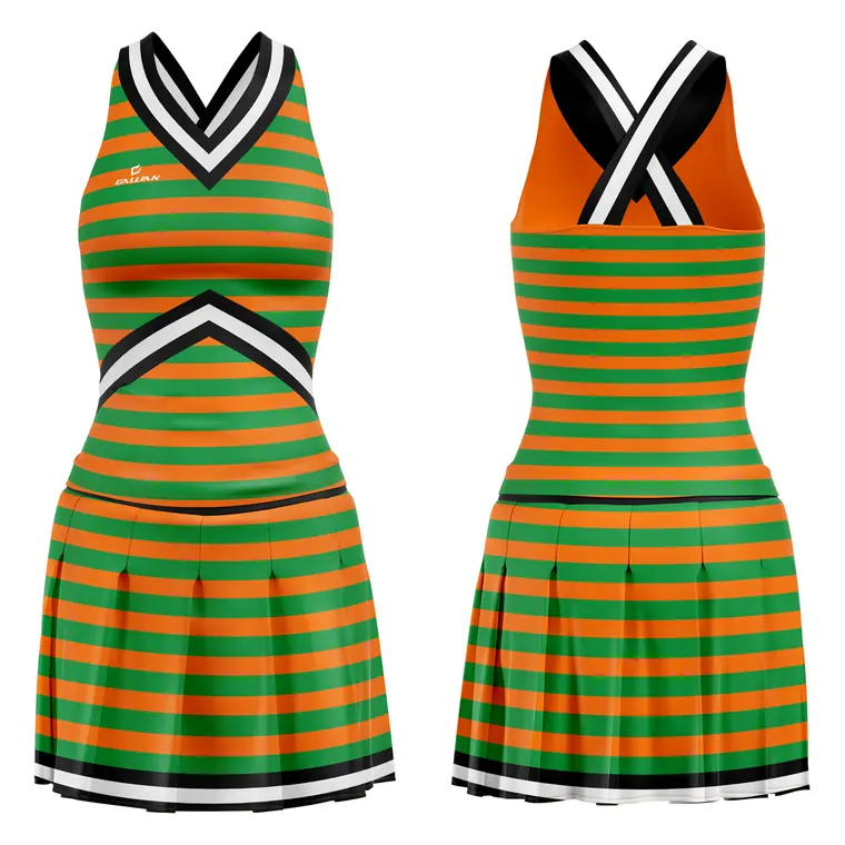 Sublimated Cheer Uniforms (Shell + Skirt) – design 3 in green & orange, custom cheerleading apparel by Gallian Sports