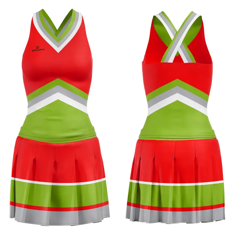 Sublimated Cheer Uniforms (Shell + Skirt) – design 4 in red, custom cheerleading apparel by Gallian Sports