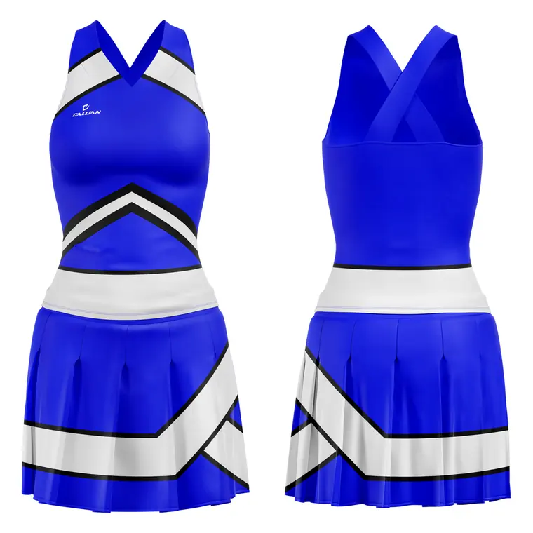 Sublimated Cheer Uniforms (Shell + Skirt) – design 5 in royal blue & white, custom cheerleading apparel by Gallian Sports