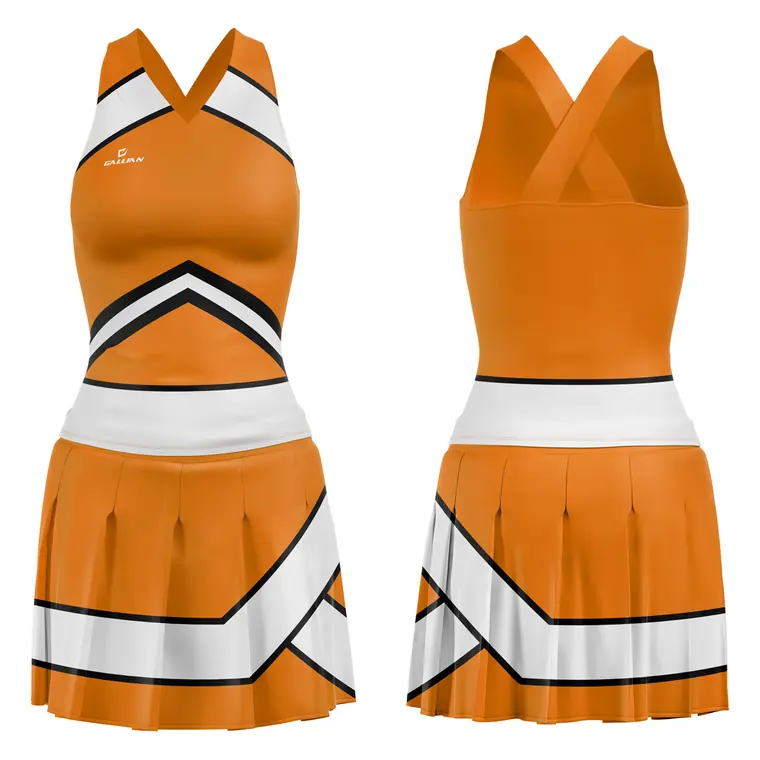 Sublimated Cheer Uniforms (Shell + Skirt) – design 6 in orange & white, custom cheerleading apparel by Gallian Sports
