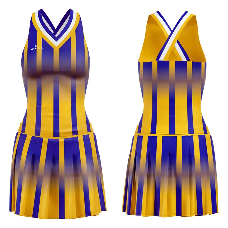 Sublimated Cheer Uniforms (Shell + Skirt) – design 7 in gold, custom cheerleading apparel by Gallian Sports