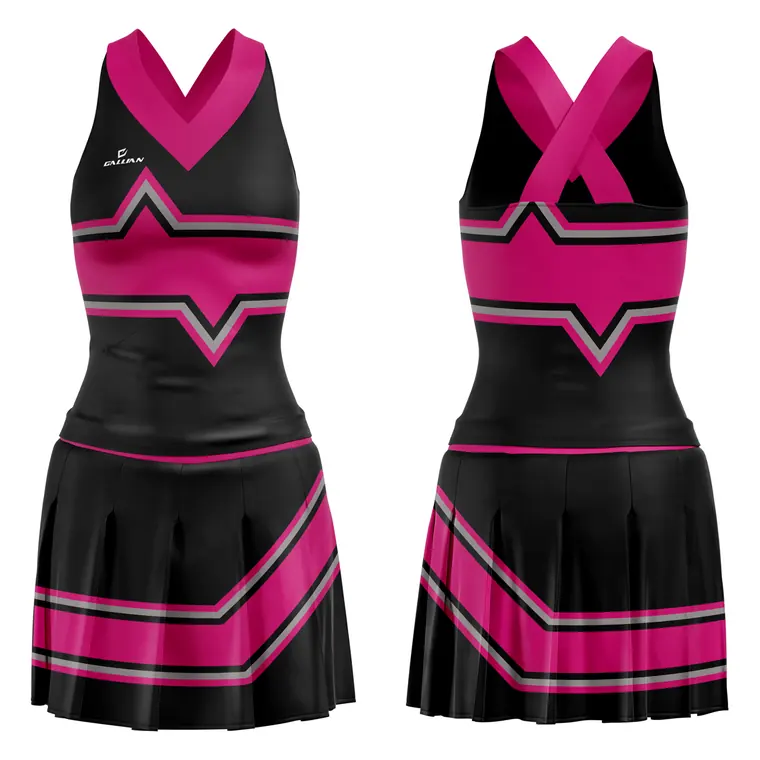 Sublimated Cheer Uniforms (Shell + Skirt) – design 8 in black & red, custom cheerleading apparel by Gallian Sports