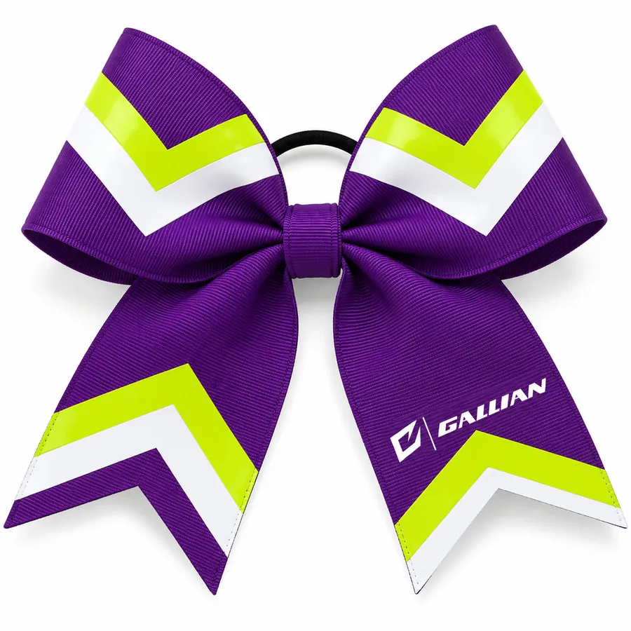 Custom Cheer Bows with Team Name – Purple, Volt & White Chevron – Gallian Sports