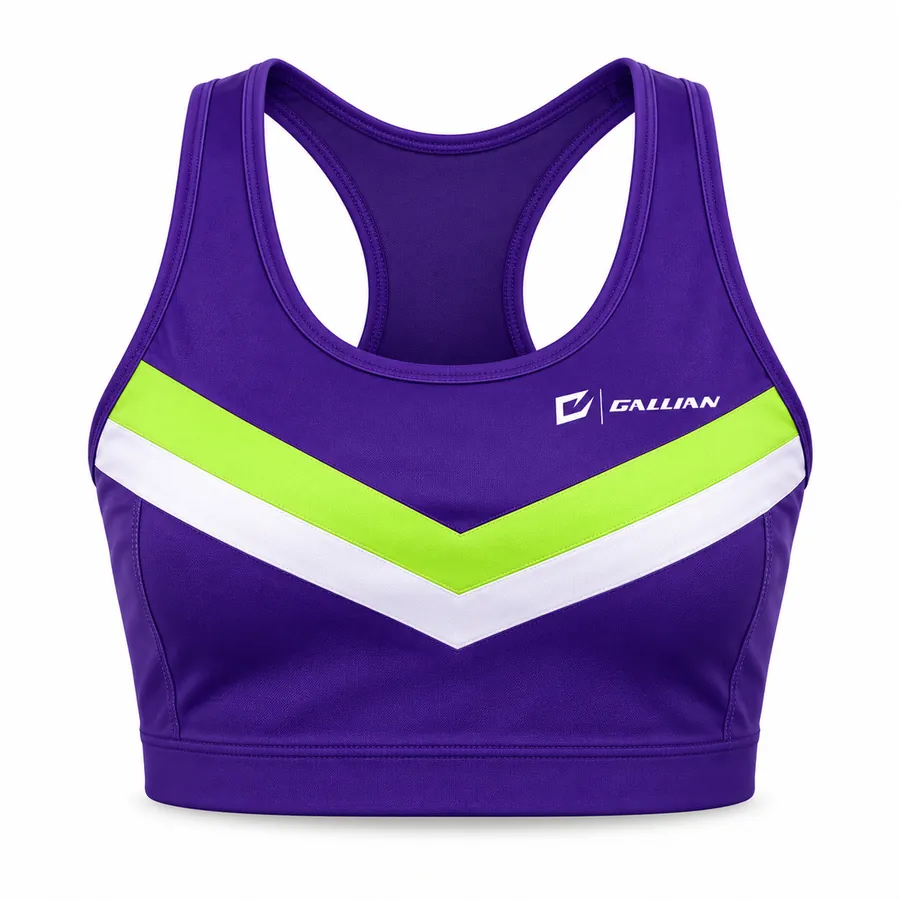 Custom Cheer Practice Crop Tops & Sports Bras – Purple, Volt & White Chevron – Gallian Sports