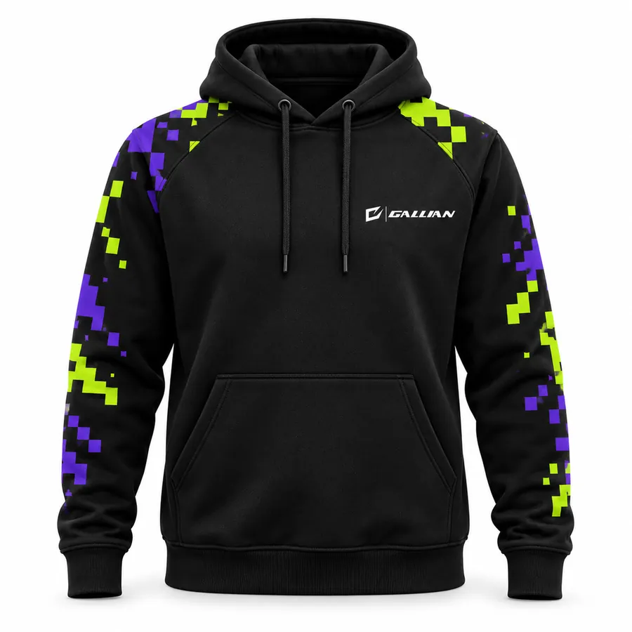 Custom Esports Team Hoodies with Gamer Tags – Black with Volt & Purple Pixel – Gallian Sports