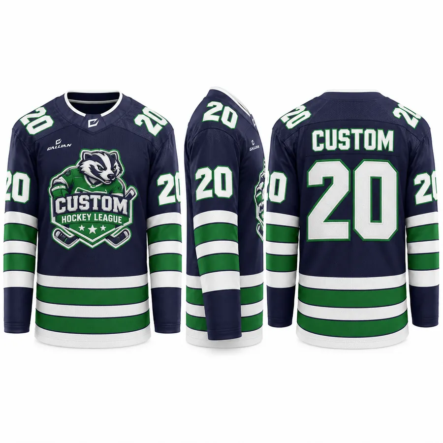 Badger Navy and Forest Ice Hockey Jersey with green and white stripes and badger crest by Gallian Sports