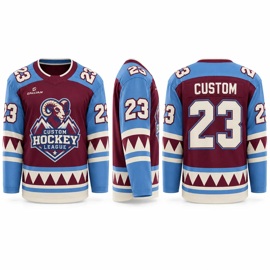 Bighorn Burgundy and Sky Mountain Hockey Jersey with cream peak band and ram crest by Gallian Sports