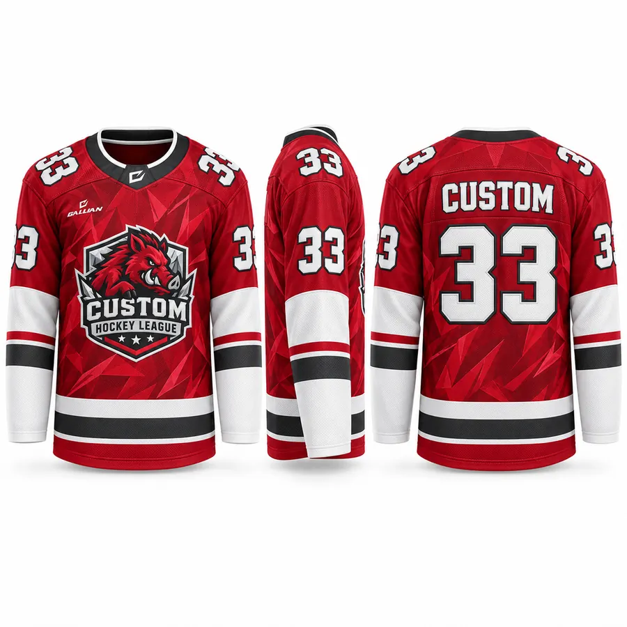Boar Crimson and Ice Shard Hockey Jersey with red geometric pattern and white sleeves by Gallian Sports
