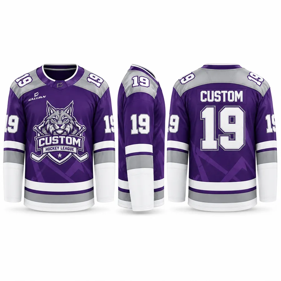 Bobcat Purple and Silver College Hockey Jersey with silver yoke and bobcat crest by Gallian Sports