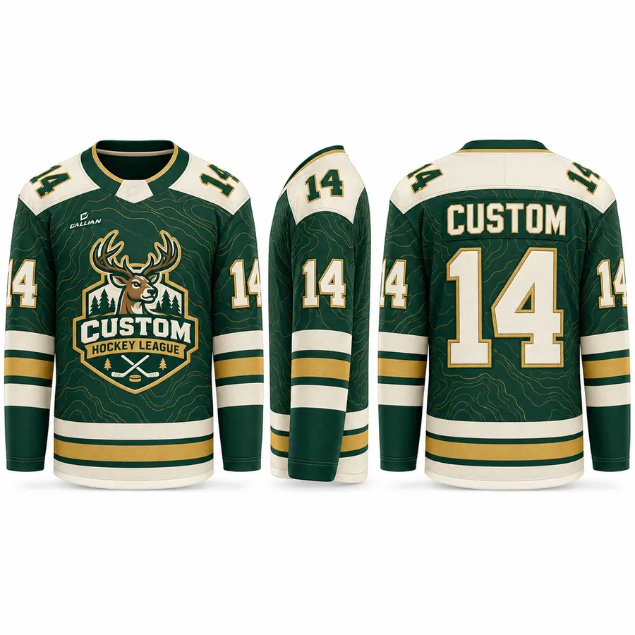 Bull Moose Forest and Cream Hockey Jersey with topographic pattern and moose crest by Gallian Sports