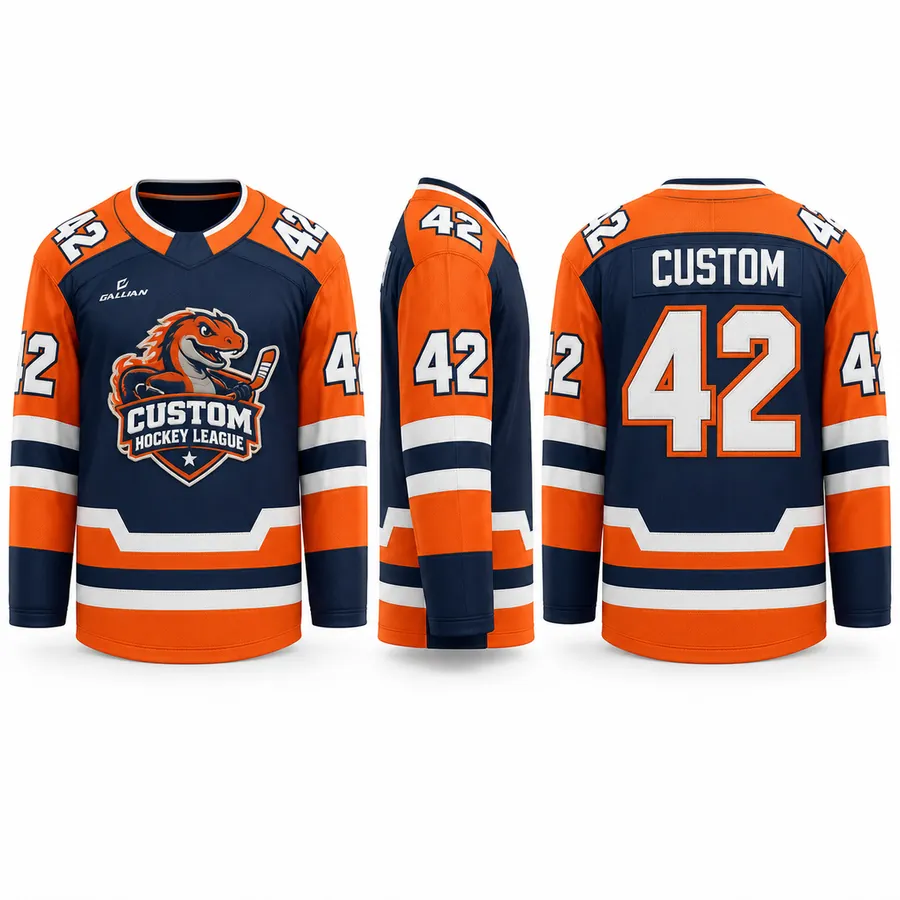Dragon Orange and Midnight House League Hockey Jersey with orange sleeves and dragon crest by Gallian Sports