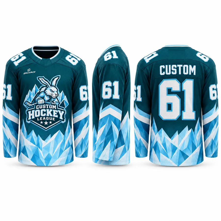 Frost Hare Arctic and Teal Ice Hockey Jersey with sky blue ice crystal fade by Gallian Sports
