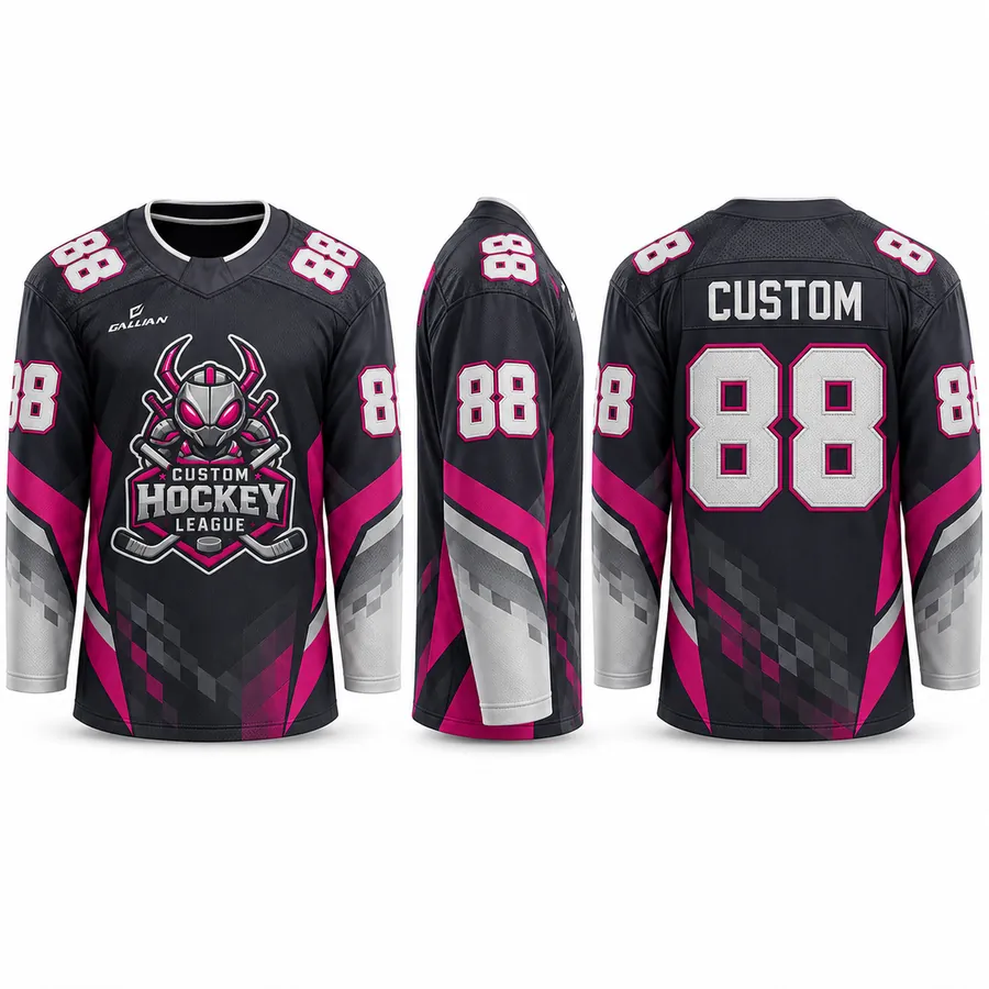 Norseman Charcoal and Magenta Pixel Hockey Jersey with pixel fade and horned helmet crest by Gallian Sports