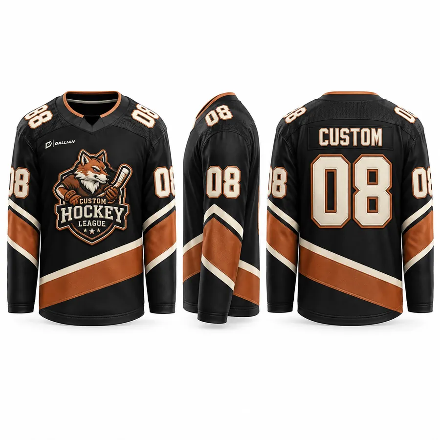 Red Fox Black and Copper Retro Hockey Jersey with diagonal copper sash and fox crest by Gallian Sports