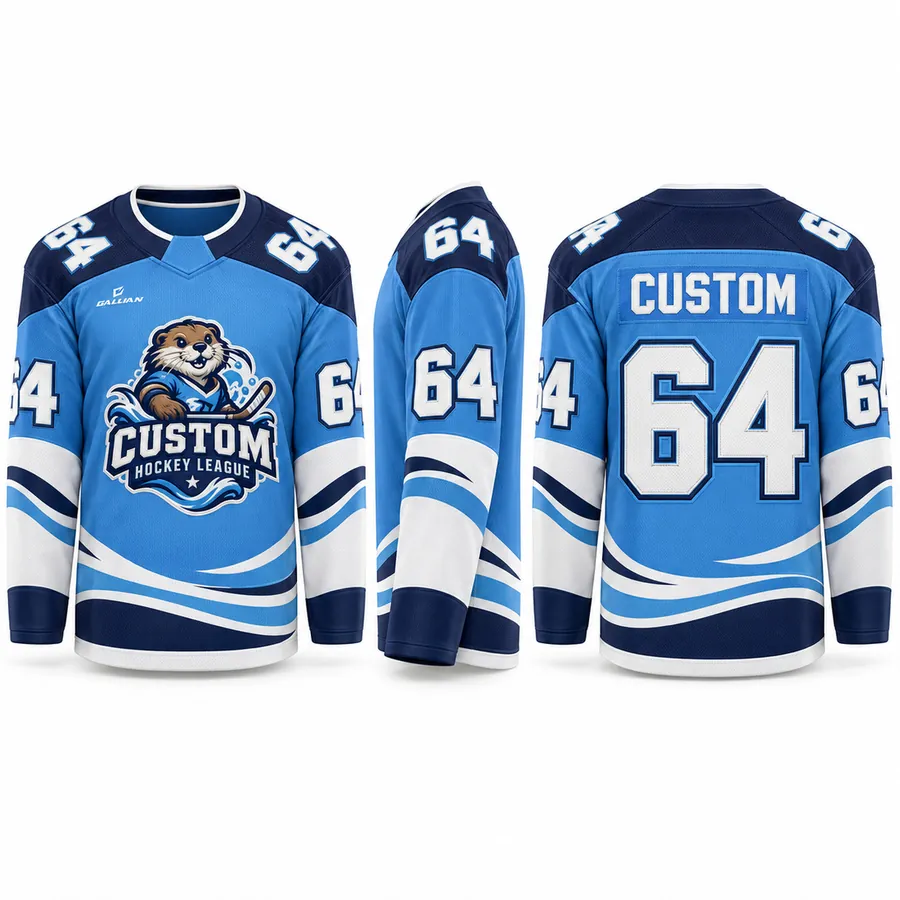 River Otter Sky and Navy Youth Hockey Jersey with wave stripes and otter crest by Gallian Sports