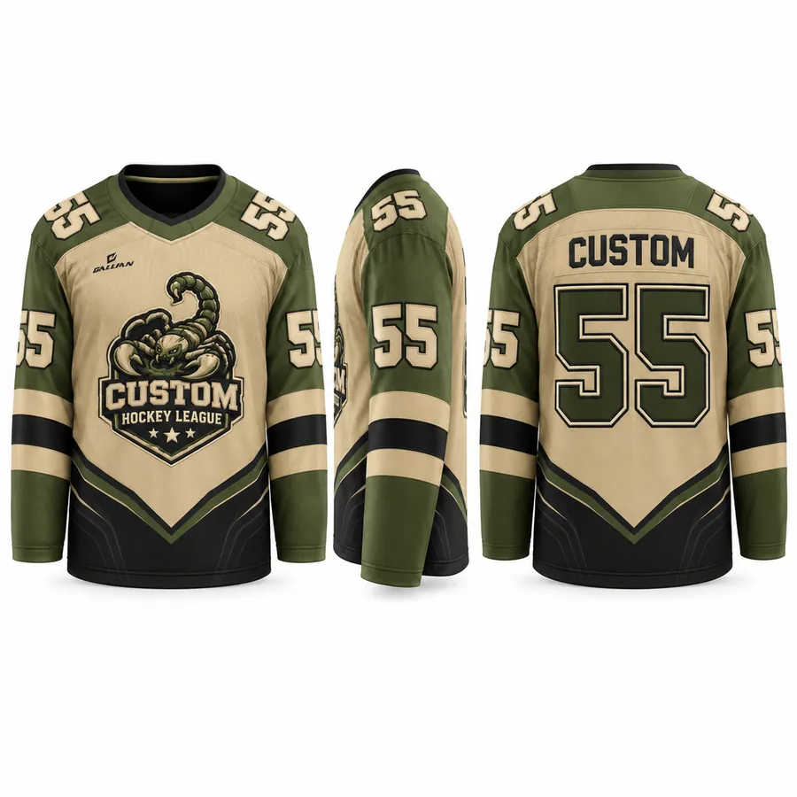 Scorpion Sand and Olive Specialty Night Hockey Jersey with black chevron hem and scorpion crest by Gallian Sports