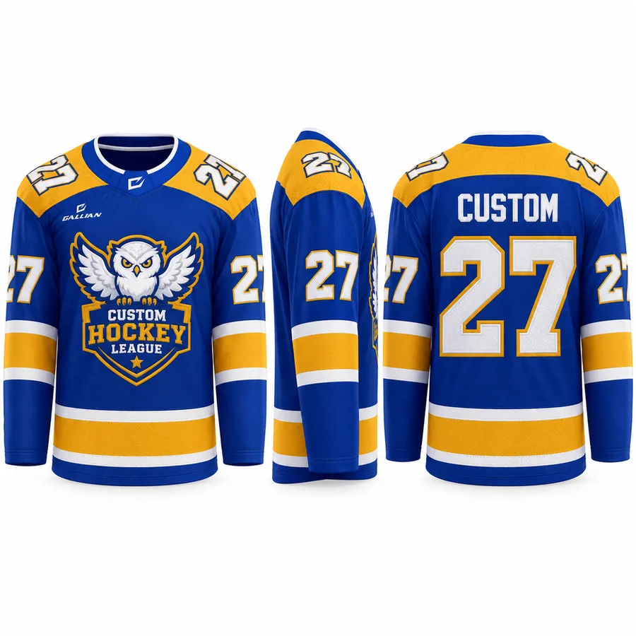 Snowy Owl Royal and Gold Ice Hockey Jersey with gold shoulder yoke and owl crest by Gallian Sports