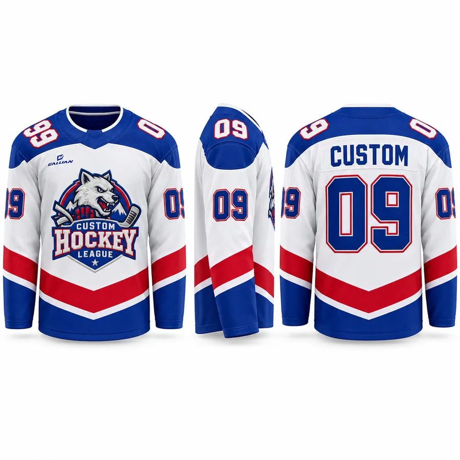Timberwolf White and Cobalt Home Hockey Jersey with red chevron and wolf crest by Gallian Sports