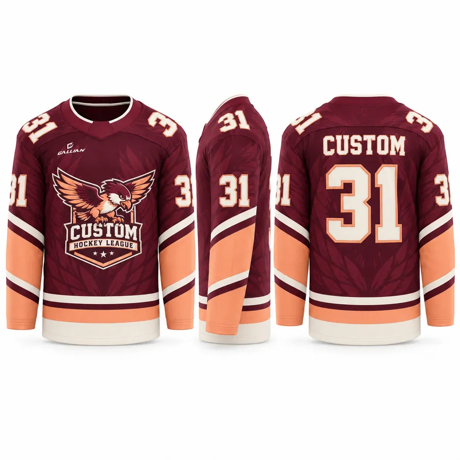 Warhawk Maroon and Peach Ice Hockey Jersey with tonal feather print and hawk crest by Gallian Sports