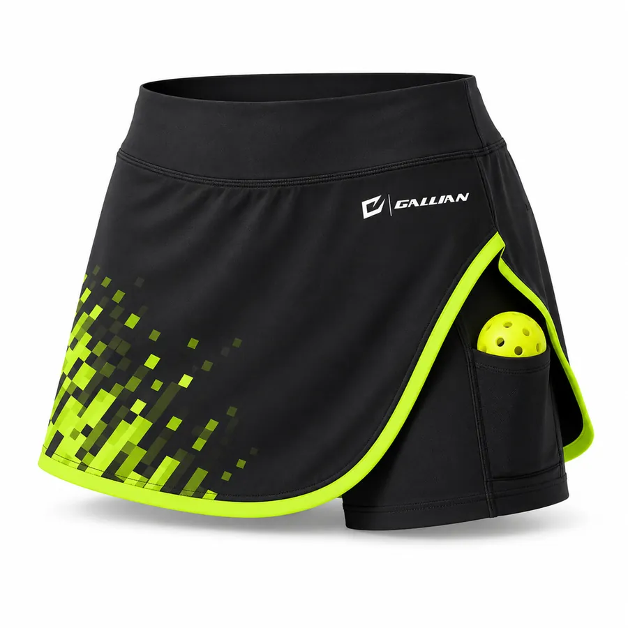 Custom Pickleball Skorts with Ball Pocket – Black & Volt Pixel – Gallian Sports