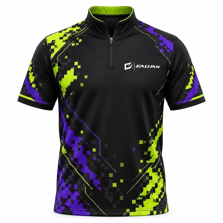 Custom Quarter-Zip Esports Jerseys – Black, Volt & Purple Pixel – Gallian Sports