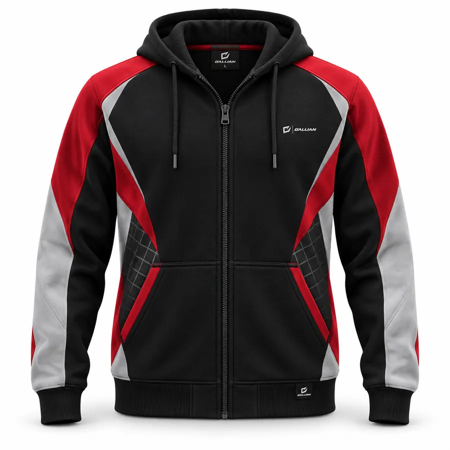 Crimson Grid Moto Race Zip Hoodie – Black, Crimson & Silver Grey – Gallian Sports