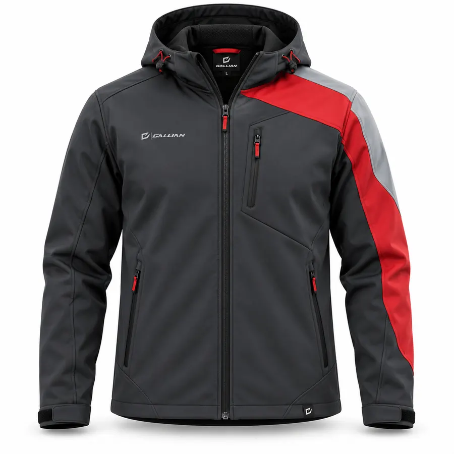 Crimson Sash Hooded Racing Softshell – Charcoal, Red & Gray – Gallian Sports