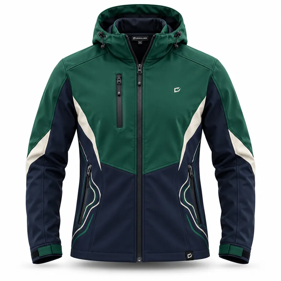 Emerald Circuit Hooded Racing Softshell – Forest Green, Navy & Cream – Gallian Sports