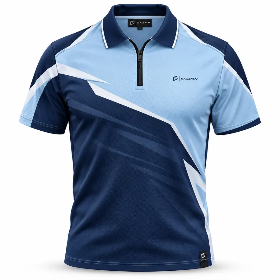 Arctic Cyan Racing Zip Polo – Navy, Sky Blue & White – Gallian Sports