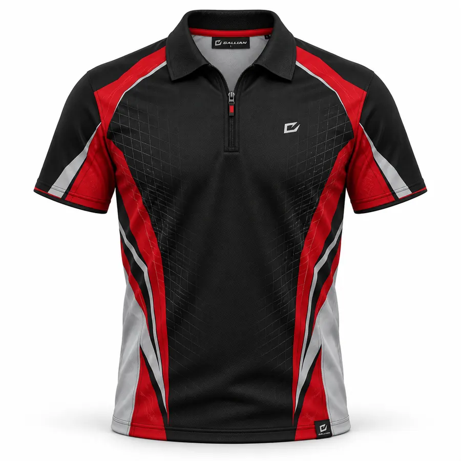 Crimson Grid Drag Racing Zip Polo – Black, Red & Silver Gray – Gallian Sports