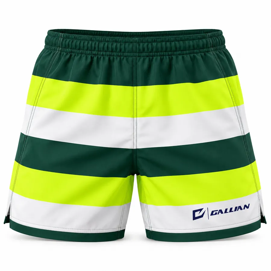 Custom Rugby Shorts – Bottle Green, Volt & White Hoops – Gallian Sports
