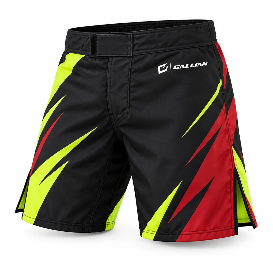 Custom Wrestling Fight Shorts – Black, Volt & Red Slash – Gallian Sports