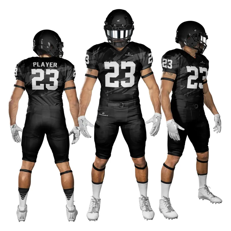 Sublimated Football Uniforms (Jersey + Pants) – design 5 in black & charcoal, custom american football apparel by Gallian Sports