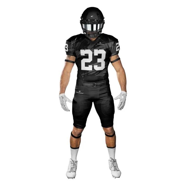 Sublimated Football Uniforms (Jersey + Pants) – design 6 in black & charcoal, custom american football apparel by Gallian Sports