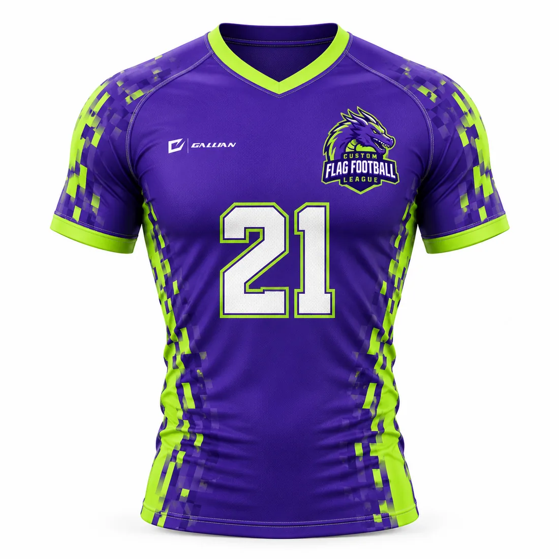 7v7 Compression Jerseys – Purple & Volt, custom sublimated flag football 7v7 compression jersey by Gallian Sports
