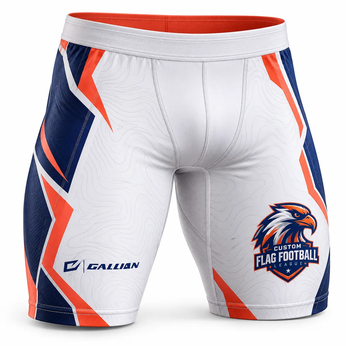 Flag Football Compression Shorts – White, Navy & Orange, custom sublimated flag football compression shorts by Gallian Sports