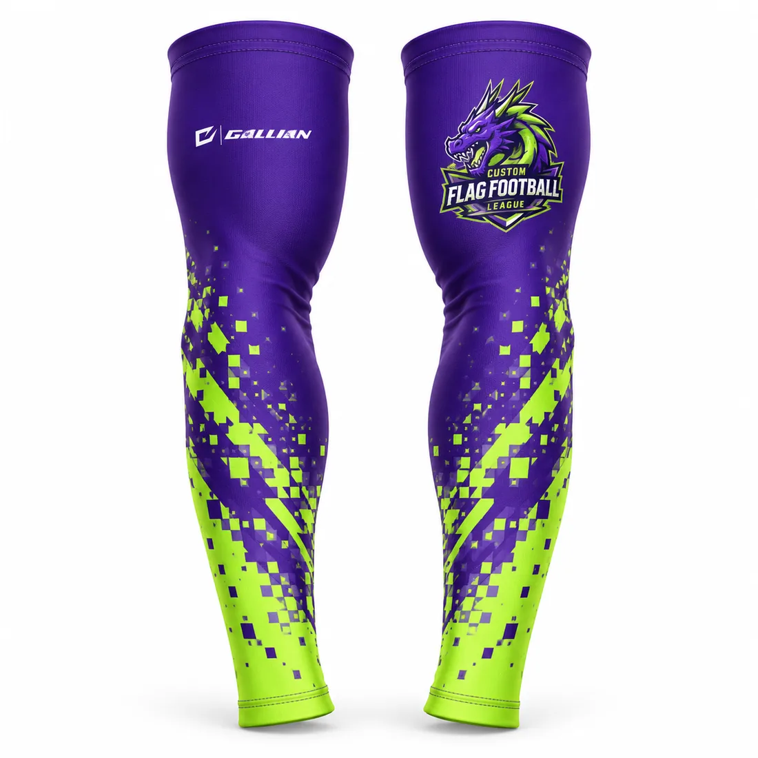 Custom Football Arm Sleeves – Purple & Volt, custom sublimated flag football arm sleeves pair by Gallian Sports