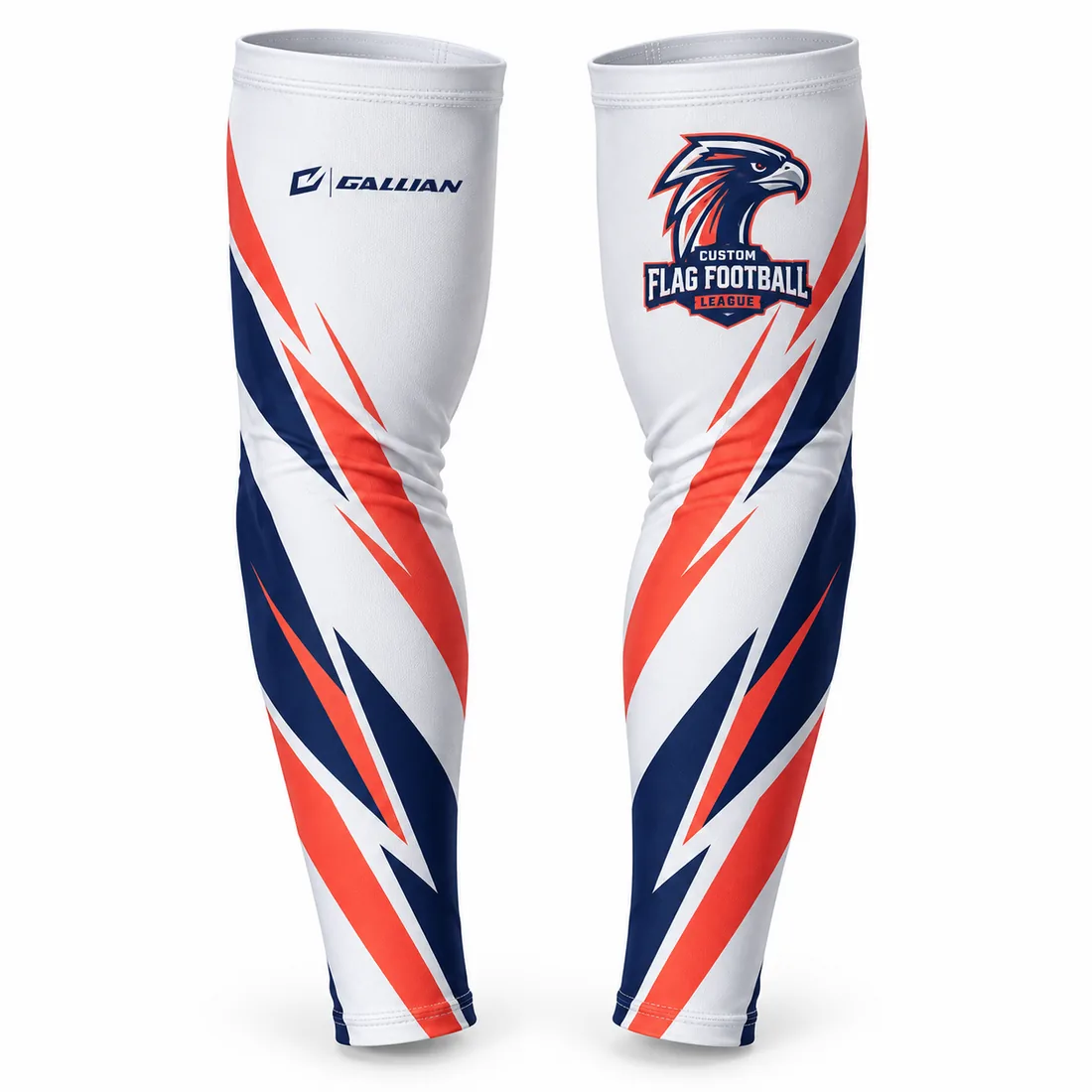 Custom Football Arm Sleeves – White, Navy & Red, custom sublimated flag football arm sleeves pair by Gallian Sports