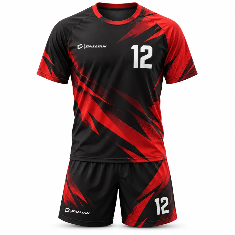 Echo flag football uniform, black raglan jersey with red grunge shards and black shorts, by Gallian Sports